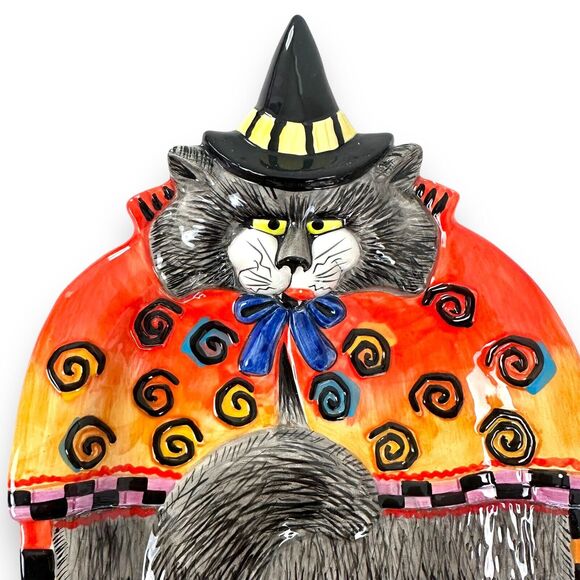 Fitz & Floyd Ceramic Canape Tray Kitty Witches Curly Qs Cat Plate Halloween New - Picture 6 of 14